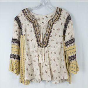 Free People But I Like It Top Womens Medium Ivory Embroidered Bell Sleeve Boho
